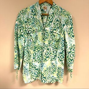 👠JMcollection linen button down bold print with cinched sleeves. Size 14